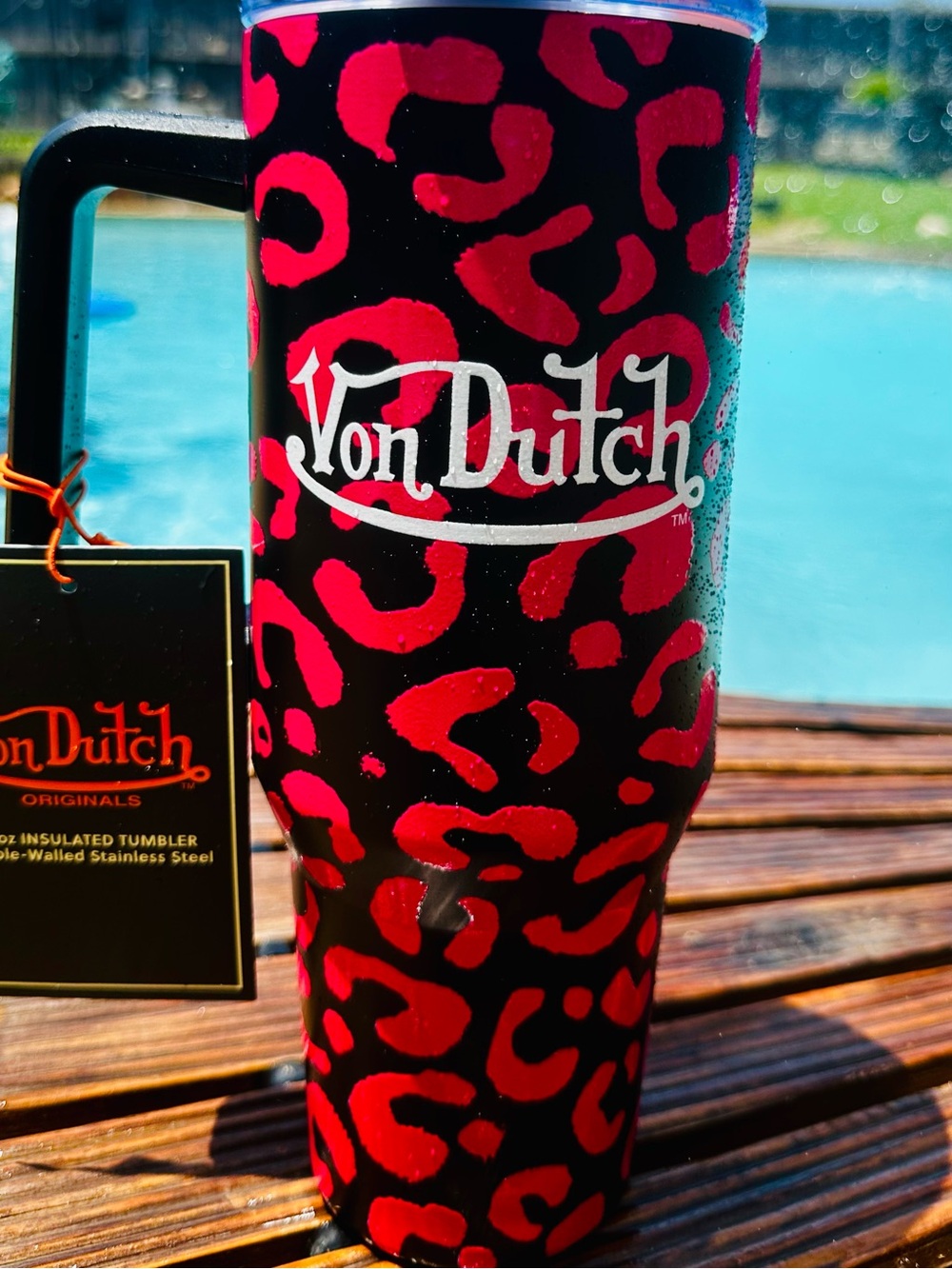 Von Dutch Black & Red Leopard Print Travel Tumbler. Large